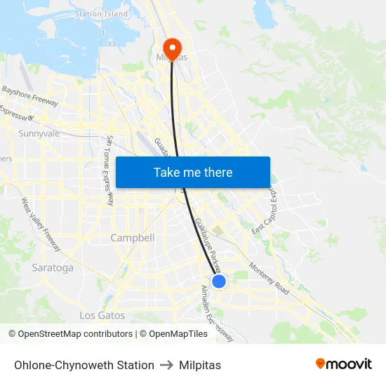 Ohlone-Chynoweth Station to Milpitas map