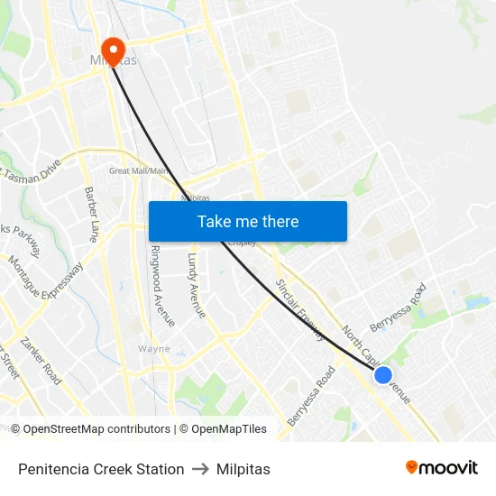 Penitencia Creek Station to Milpitas map
