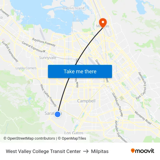 West Valley College Transit Center to Milpitas map