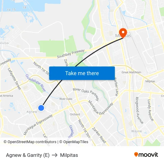 Agnew & Garrity (E) to Milpitas map