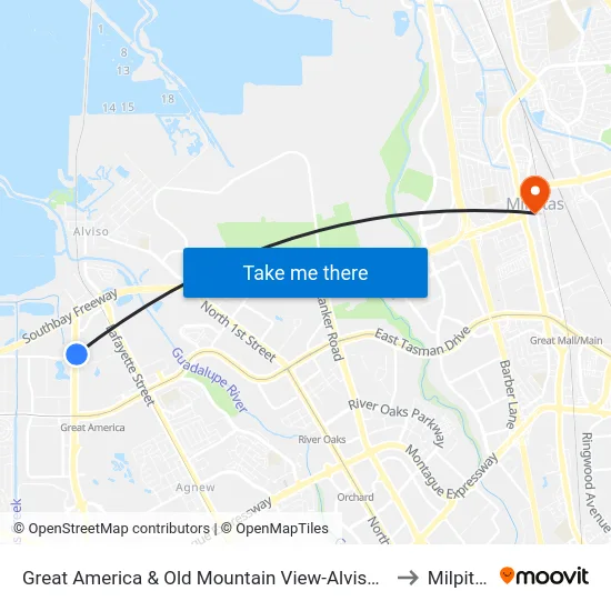 Great America & Old Mountain View-Alviso (N) to Milpitas map