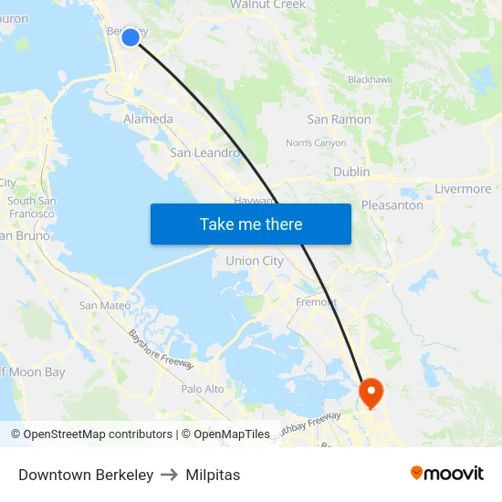 Downtown Berkeley to Milpitas map