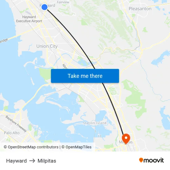 Hayward to Milpitas map