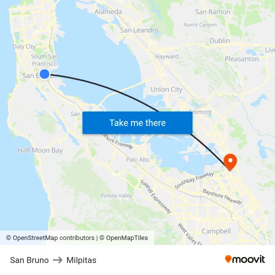 San Bruno to Milpitas map