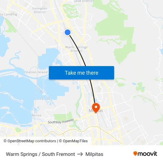 Warm Springs / South Fremont to Milpitas map