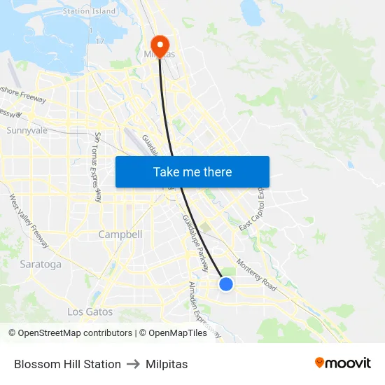 Blossom Hill Station to Milpitas map