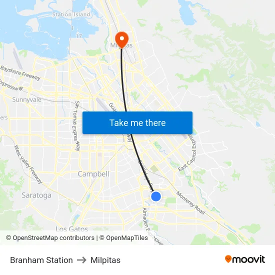 Branham Station to Milpitas map