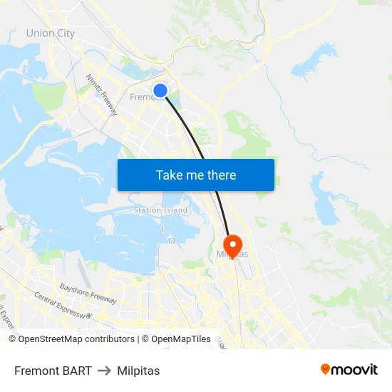 Fremont BART to Milpitas map