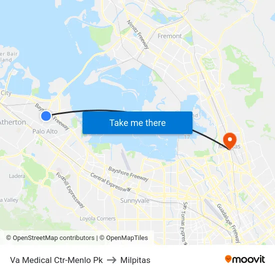 Va Medical Ctr-Menlo Pk to Milpitas map