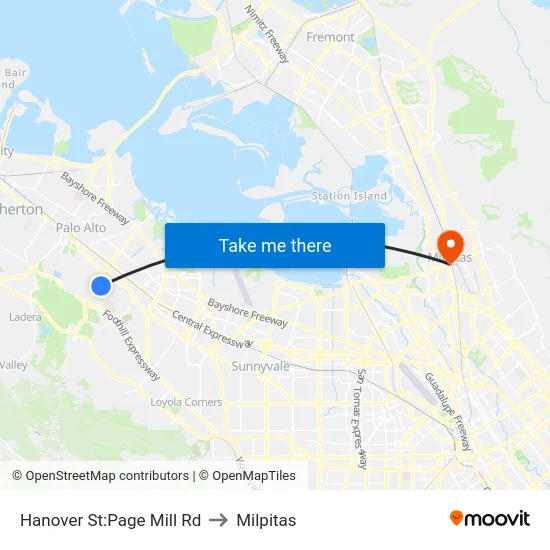 Hanover St:Page Mill Rd to Milpitas map