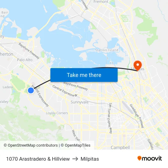 1070 Arastradero & Hillview to Milpitas map