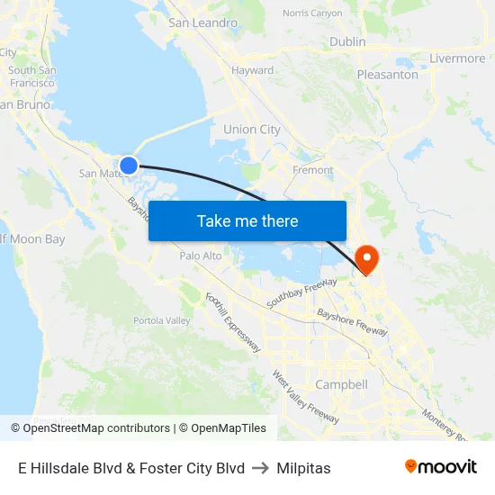 E Hillsdale Blvd & Foster City Blvd to Milpitas map