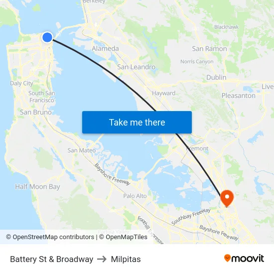 Battery St & Broadway to Milpitas map