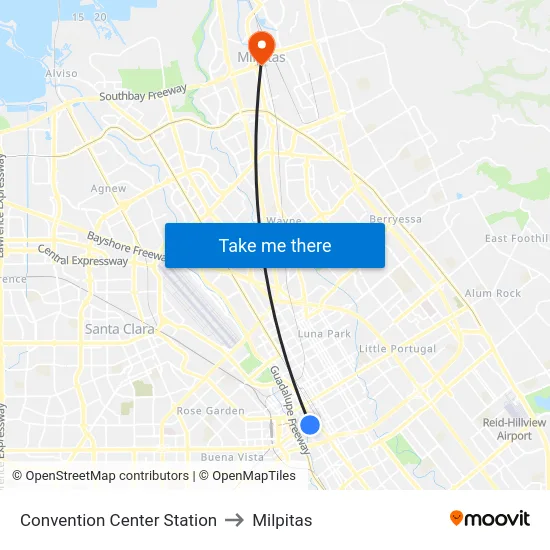 Convention Center Station to Milpitas map