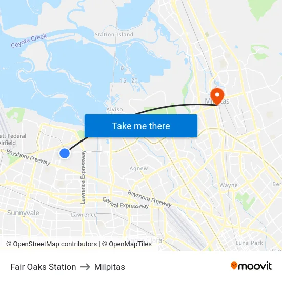 Fair Oaks Station to Milpitas map
