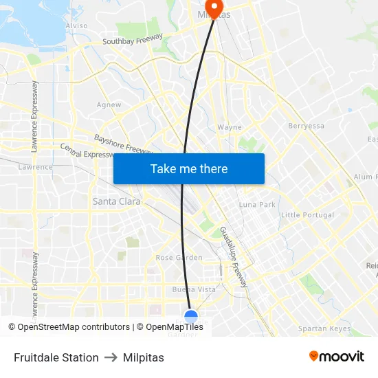 Fruitdale Station to Milpitas map