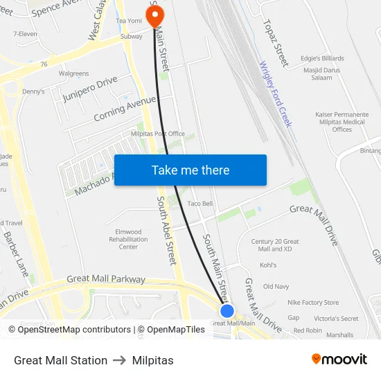 Great Mall Station to Milpitas map