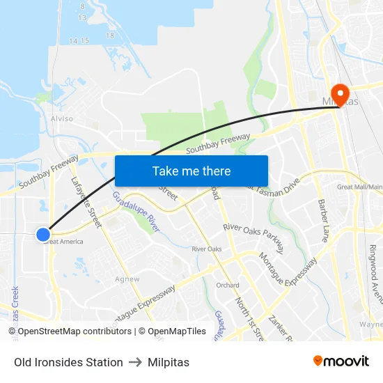 Old Ironsides Station to Milpitas map