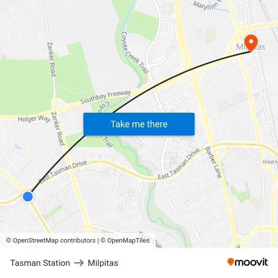 Tasman Station to Milpitas map