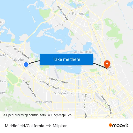 Middlefield/California to Milpitas map
