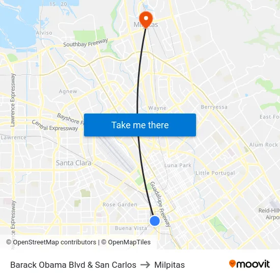 Barack Obama Blvd & San Carlos to Milpitas map