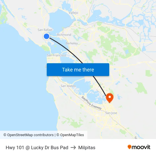 Hwy 101 @  Lucky Dr Bus Pad to Milpitas map