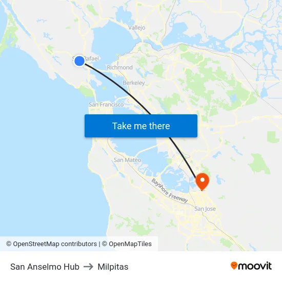 San Anselmo Hub to Milpitas map