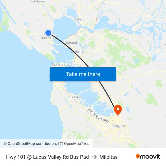 Hwy 101 @ Lucas Valley Rd Bus Pad to Milpitas map