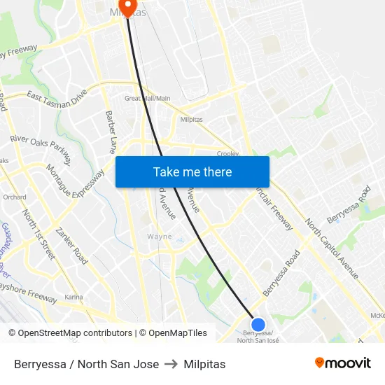Berryessa / North San Jose to Milpitas map