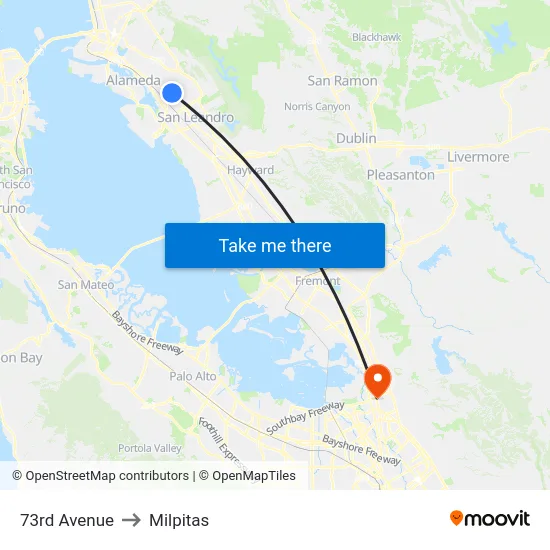 73rd Avenue to Milpitas map
