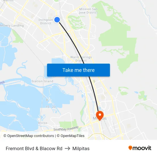 Fremont Blvd & Blacow Rd to Milpitas map
