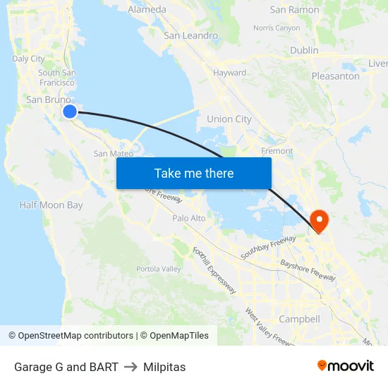 Garage G and BART to Milpitas map