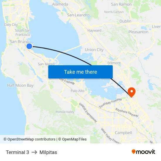 Terminal 3 to Milpitas map