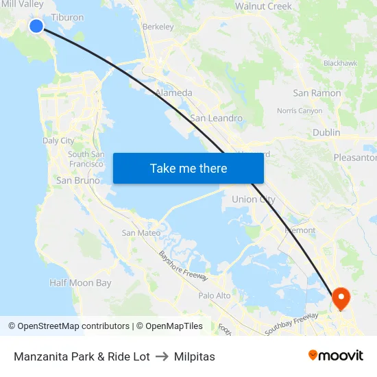 Manzanita Park & Ride Lot to Milpitas map