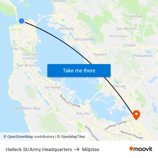 Halleck St/Army Headquarters to Milpitas map
