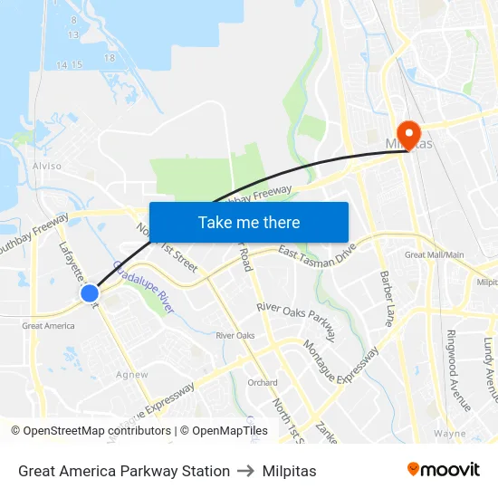 Great America Parkway Station to Milpitas map