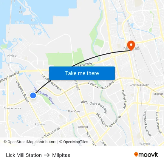 Lick Mill Station to Milpitas map