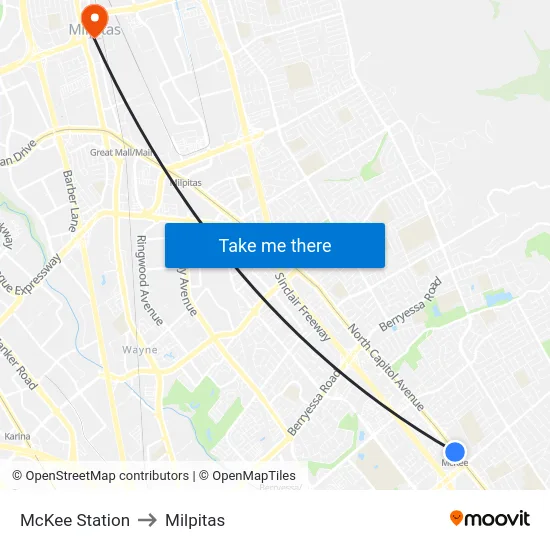 McKee Station to Milpitas map
