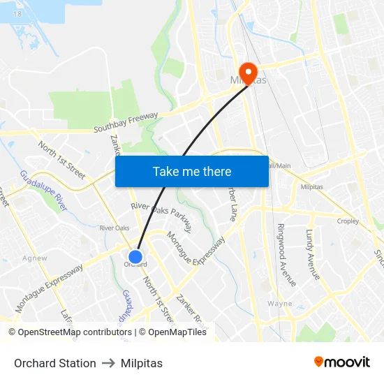 Orchard Station to Milpitas map