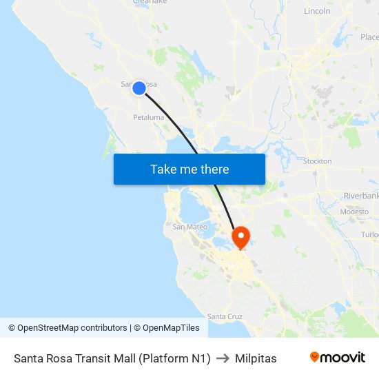 Santa Rosa Transit Mall (Platform N1) to Milpitas map