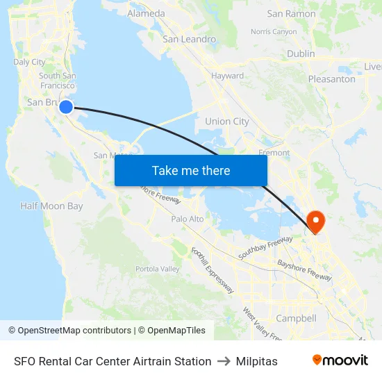 SFO Rental Car Center Airtrain Station to Milpitas map