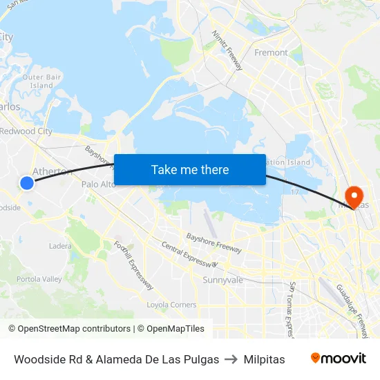 Woodside Rd & Alameda De Las Pulgas to Milpitas map