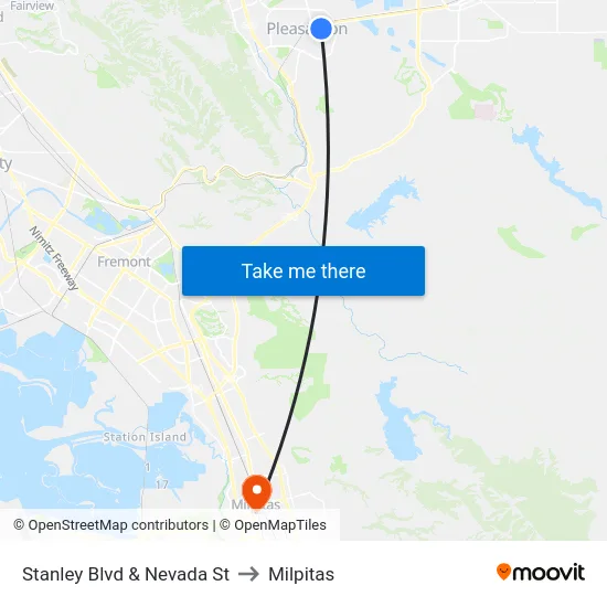 Stanley Blvd & Nevada St to Milpitas map
