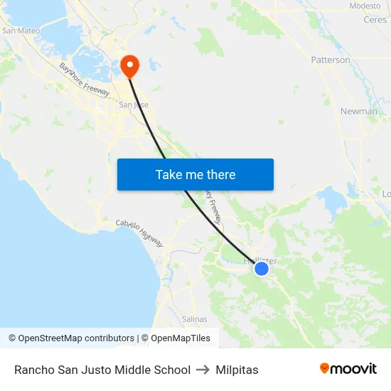 Rancho San Justo Middle School to Milpitas map