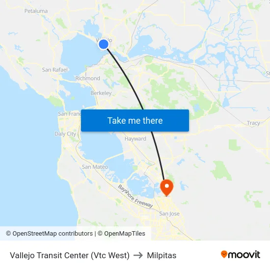 Vallejo Transit Center (Vtc West) to Milpitas map