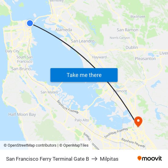 San Francisco Ferry Terminal Gate B to Milpitas map