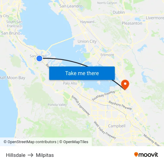 Hillsdale to Milpitas map