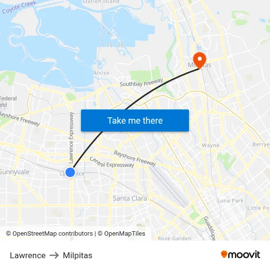 Lawrence to Milpitas map