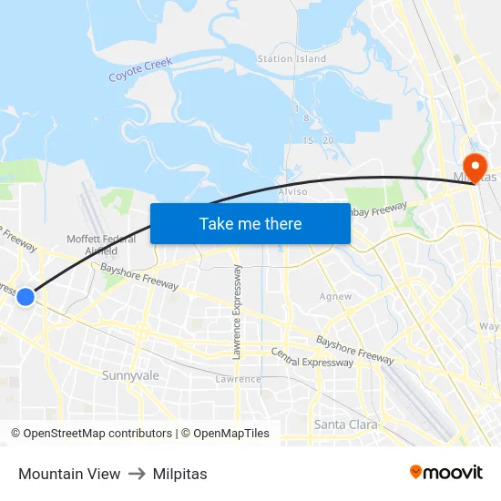 Mountain View to Milpitas map