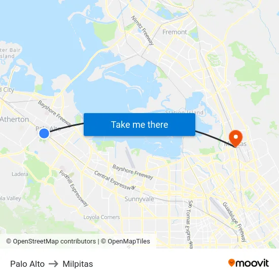Palo Alto to Milpitas map